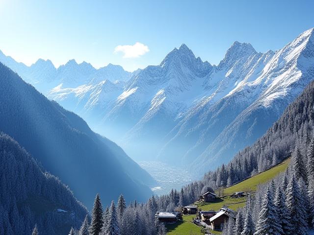Snow-capped peaks and serene valleys of the European Alps