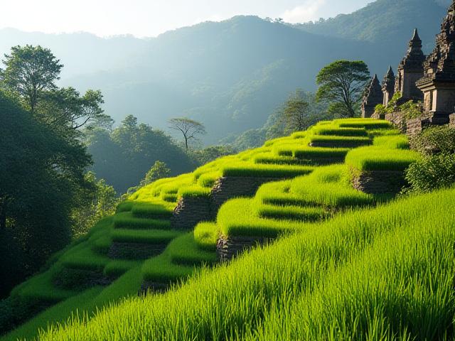 Lush rice terraces and temples in Bali, Indonesia