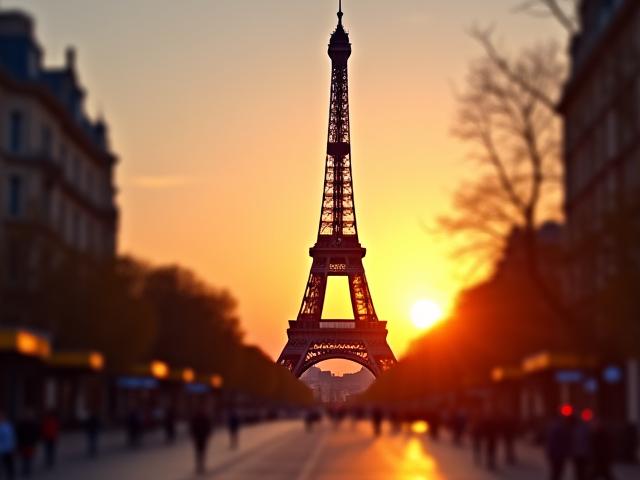 Romantic Eiffel Tower at sunset in Paris, France
