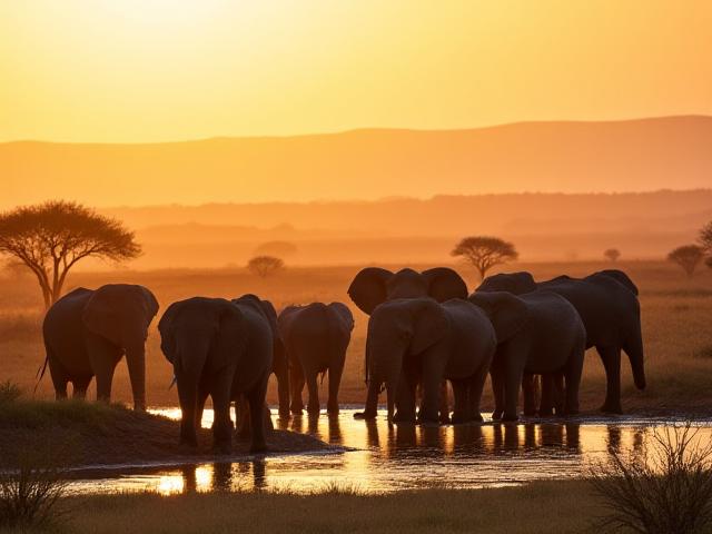 Wildlife safari with elephants at a watering hole in Africa