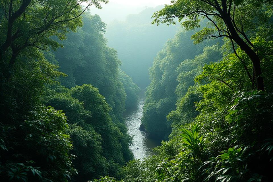 Lush Amazon rainforest canopy from a river perspective.