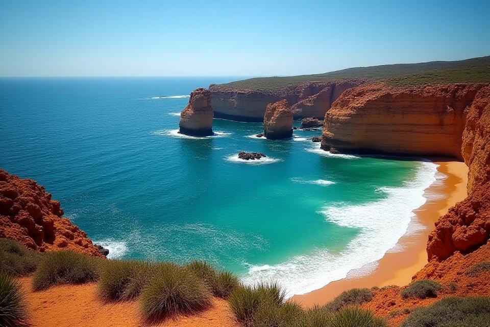 Spectacular Australian coastline with rugged cliffs and clear blue water.