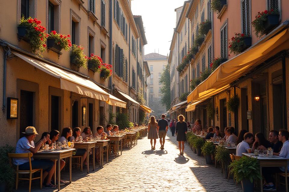 Charming European city street with historic architecture and outdoor cafes.