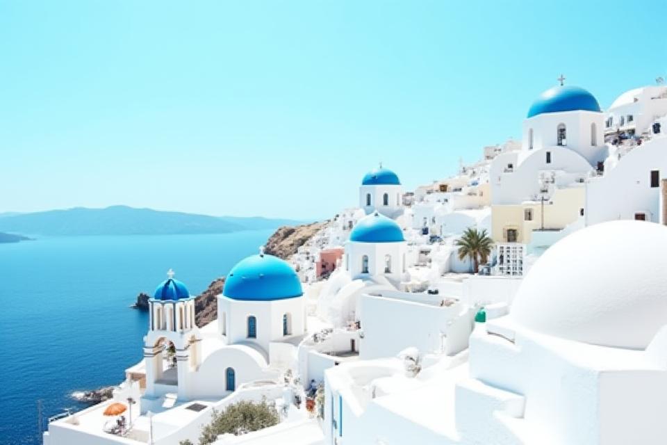 Whitewashed buildings overlooking the Aegean Sea in Santorini, Greece.