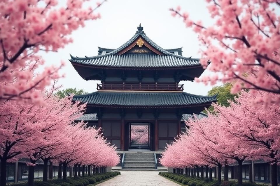 Ancient Japanese temple surrounded by cherry blossoms in full bloom.