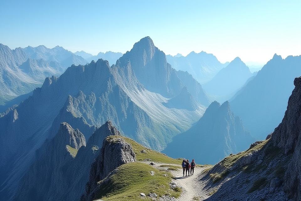 Majestic mountains with winding hiking trails under a clear sky.