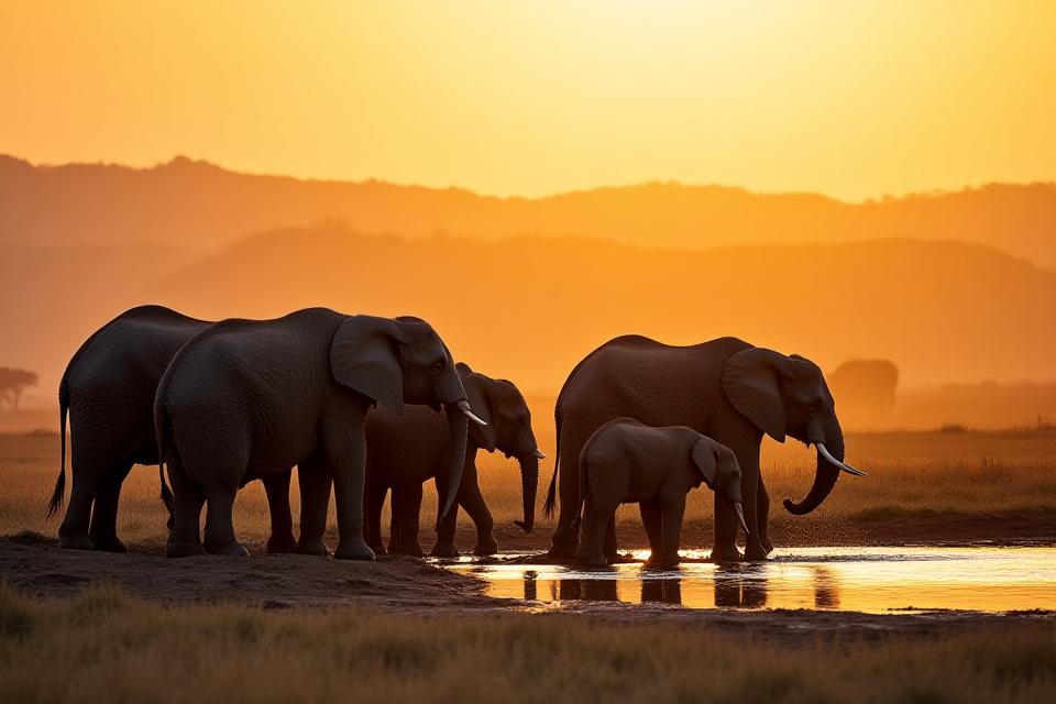 Wildlife safari with elephants at a watering hole during sunset.
