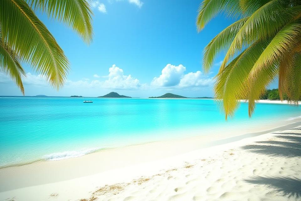 A stunning view of a tropical island beach with crystal clear water and lush palm trees