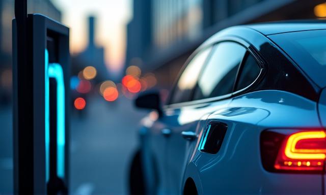 Dynamic shot of an EV charging at a modern station