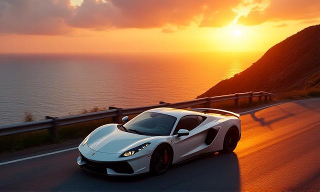 Sports car driving on a scenic coastal road