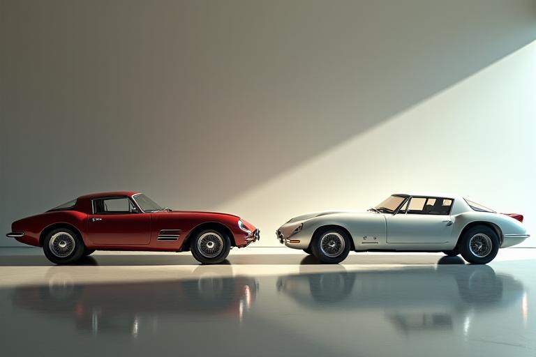 A vintage Yuti Miko car contrasted with a futuristic model, both in elegant settings.