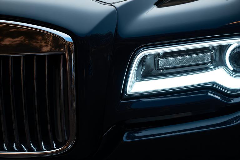 Close-up of a luxury car's grill and headlight, highlighting intricate design details and chrome finish.