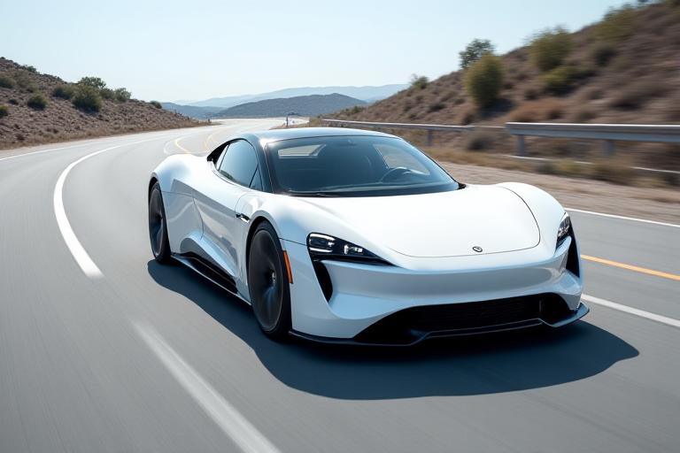 A sleek, white electric sports car accelerating on a winding road, blurred background suggesting speed.