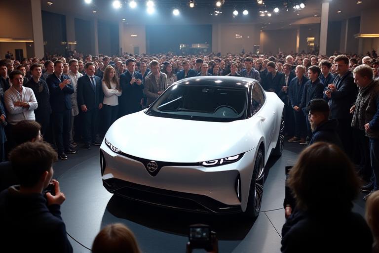 A crowd gathered around a new Yuti Miko concept car at a major automotive show, stylish lighting.