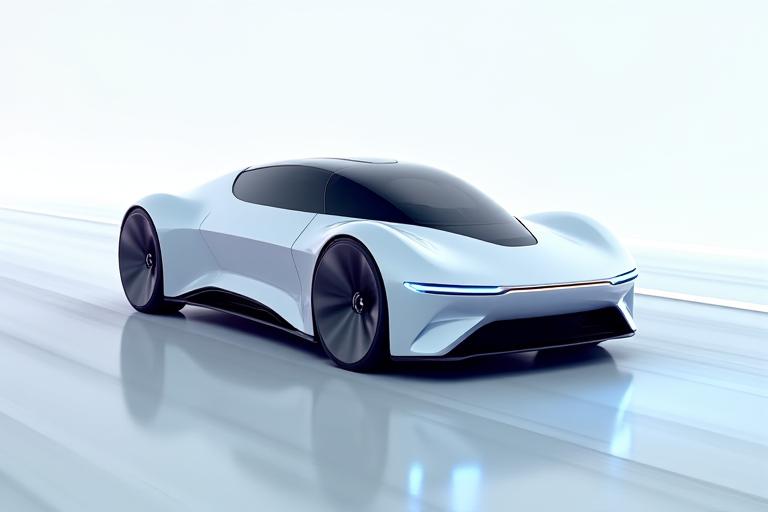 A sleek futuristic electric vehicle with glowing accents, driving on a minimalist white road with motion blur.