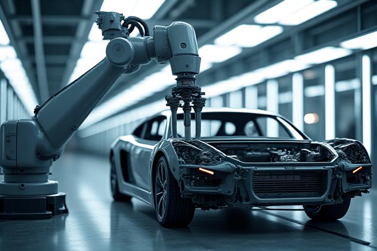 Robotic arm meticulously working on a car chassis in a clean, brightly lit factory.